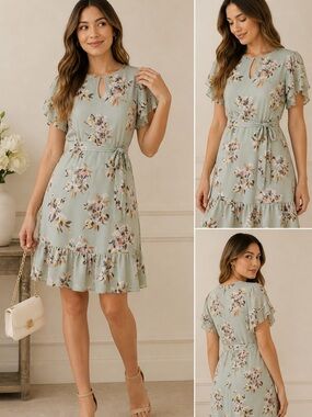 Lauren Ralph Lauren Floral Georgette Dress 6 Sage Green Flutter Sleeve Tie Waist